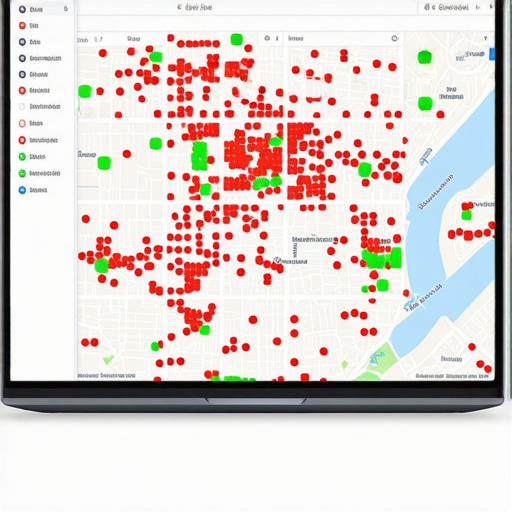 Local SEO Proximity Heatmap Visualization A digital map showing a ranking heatmap with green and red dots for local SEO proximity tracking.