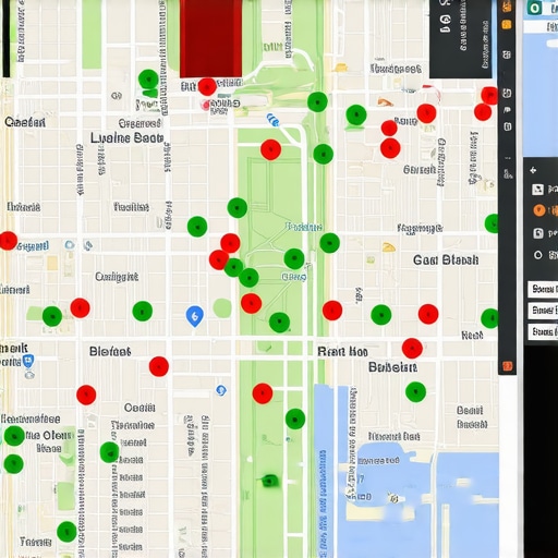 A modern software interface showing local search ranking positions across a geographic grid map.