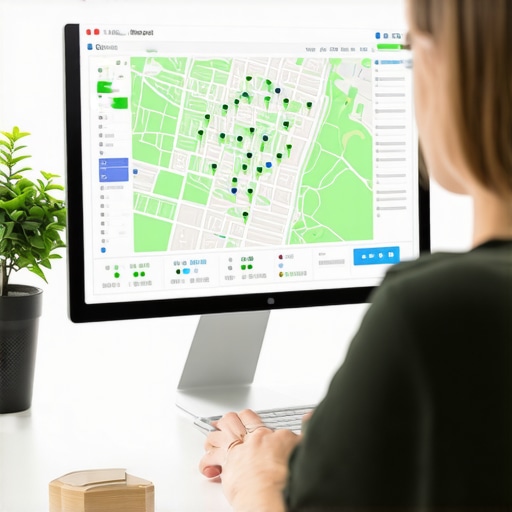 A modern monitor screen displaying a local map ranking grid with green nodes over a city neighborhood