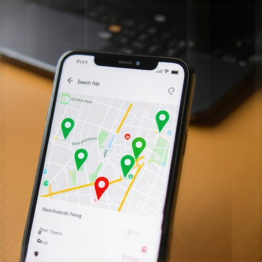A smartphone showing local map ranking grid pins over a wooden desk