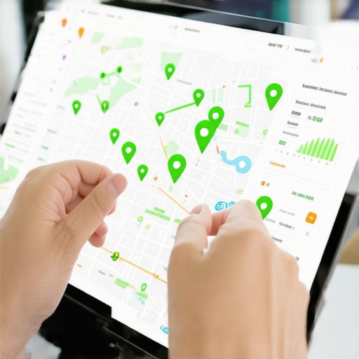 A visual representation of local SEO tracking tools showing a ranking grid over a map.