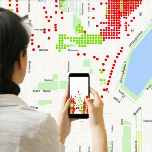 A technician using a local SEO ranking heatmap to identify visibility gaps in specific neighborhoods on a city map.