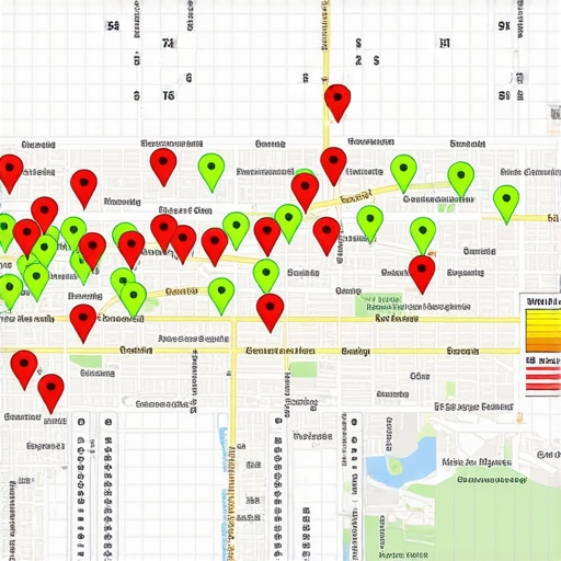 A screenshot of a local rank tracker showing visibility across different city neighborhoods.