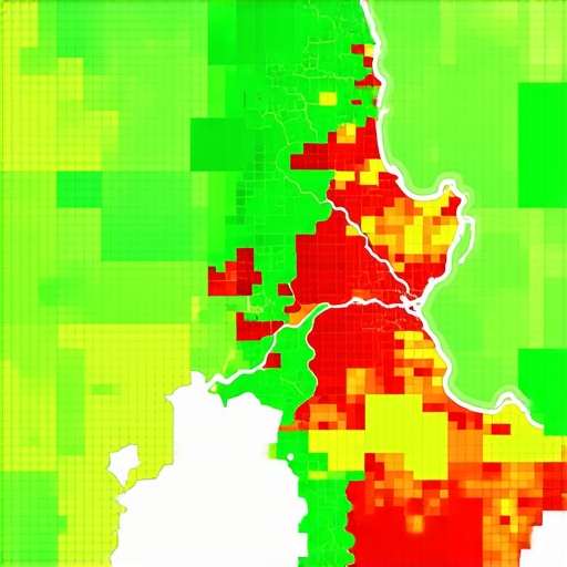 A heatmap showing how business rankings fluctuate across different parts of a city on Google Maps.