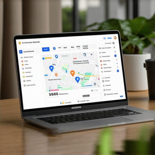 Local SEO Tools and Monitoring Dashboard A desk with a laptop displaying a Google Maps local search audit and SEO tools for 2025 maintenance.