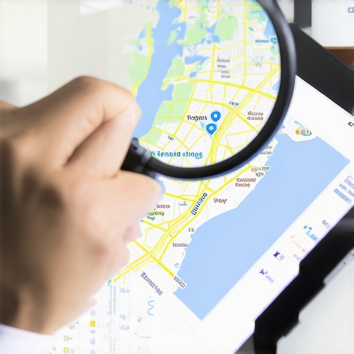 A professional analyzing local map rankings with a magnifying glass on a tablet.