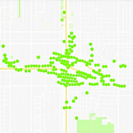 A digital map showing green ranking indicators across different neighborhoods for local SEO tracking.