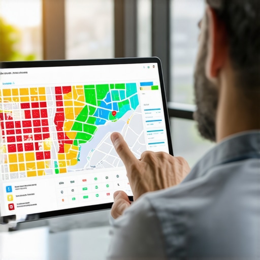 A professional analyzing local search rankings using a grid-based heatmap tool for SEO maintenance.