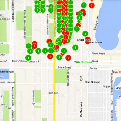 Local Search Ranking Grid Analysis A map showing geographical ranking positions for a local business using a grid tracking tool.