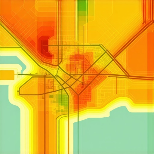 A city map with a heatmap overlay showing varying degrees of search visibility and local authority.