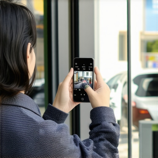 Local business owner verifying a new shop location using video on a smartphone Business owner completing video verification for a new local storefront