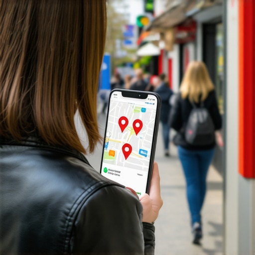 Mobile Local SEO Audit in Action Person checking local business rankings on a smartphone while standing on a city street.