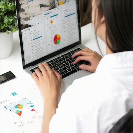 Professional performing a local SEO audit on a laptop in a clean office setting