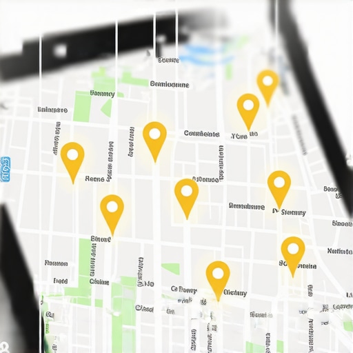 A tablet showing a map with glowing pins and network lines representing local SEO entity connections.