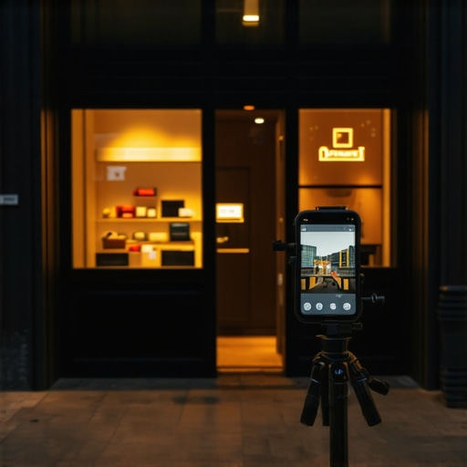 Modern Local SEO Maintenance Tools Smartphone on a tripod capturing professional storefront photography for Google Business Profile updates.