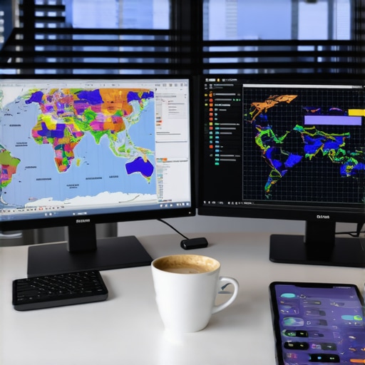 Modern Local SEO Monitoring Station Heatmap grid showing Google Maps ranking positions across a city landscape on a computer screen