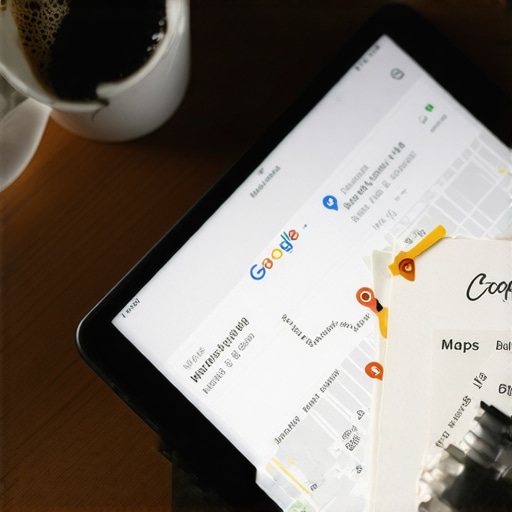 Modern Local SEO Strategy Tools A digital tablet displaying a top-ranking local business profile on Google Maps next to a professional planner.