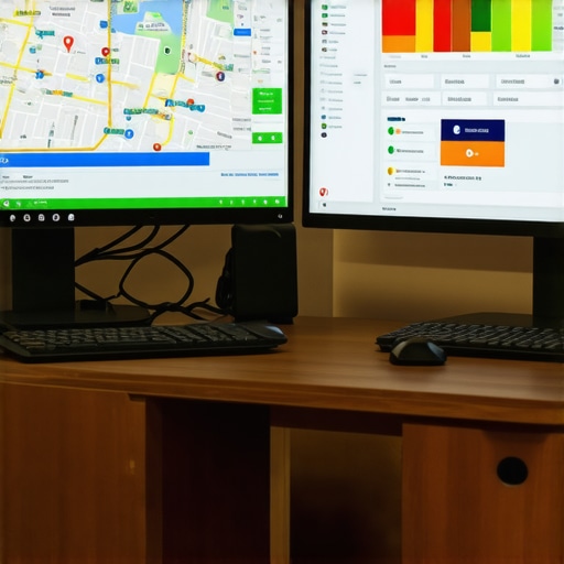 A professional workspace with dual monitors showing local SEO ranking maps and performance data.