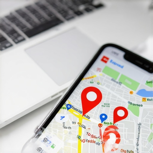 Monitoring Local Map Pack Performance A smartphone showing local search results and map pins on an office desk.