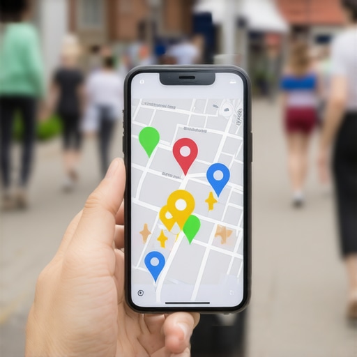 A smartphone showing local map pins in a neighborhood search