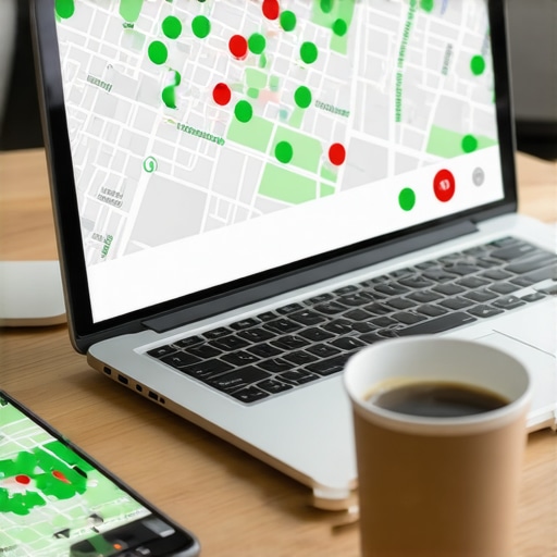 A laptop screen showing a local SEO geo-grid ranking report for a business profile.