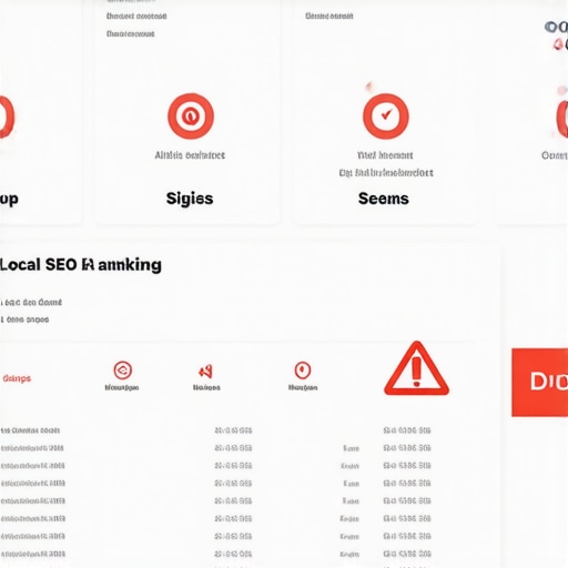 Navigating Local SEO Risks and Algorithm Penalties Digital dashboard showing Google Maps ranking fluctuations and a warning sign about profile suspensions.