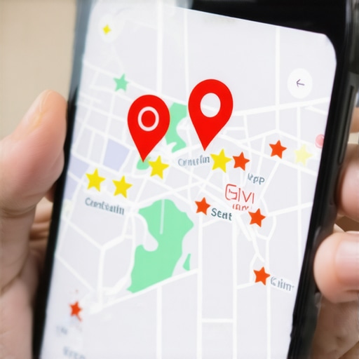 A smartphone showing local business map pins and ratings on a desk.