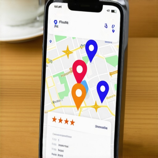 Optimized Map Pack Visibility on Mobile A smartphone showing local map pins and customer reviews on a desk.