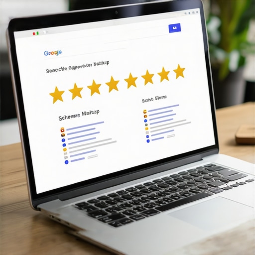 A laptop screen demonstrating how schema markup and gold review stars make a search listing stand out.