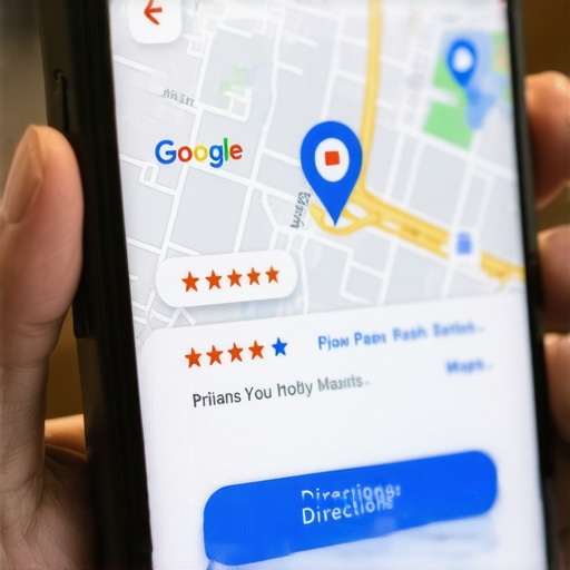 Close-up of a local business listing on Google Maps showing reviews and category info.