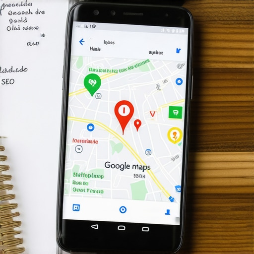 Optimizing Google Maps Pin Position A smartphone showing a verified local maps business listing with a precise map pin on a rustic desk.