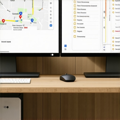 Optimizing Google Maps Proximity and Local SEO Signals A desk with monitors showing local map pack search results and ranking pins.