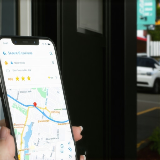 A smartphone displaying top-rated local business listings on Google Maps in front of a real brick-and-mortar store.