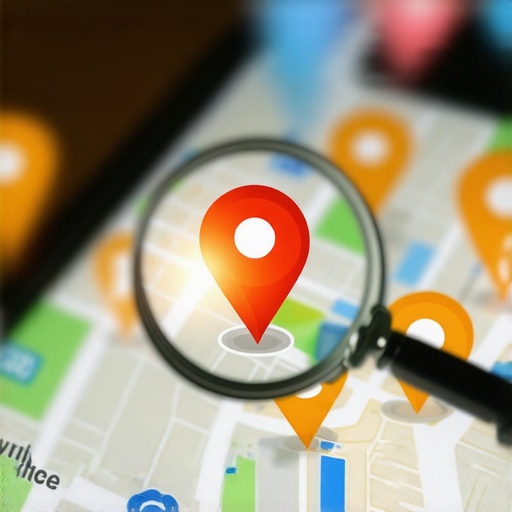 A smartphone screen showing a local map with optimized business pins highlighting maps search visibility