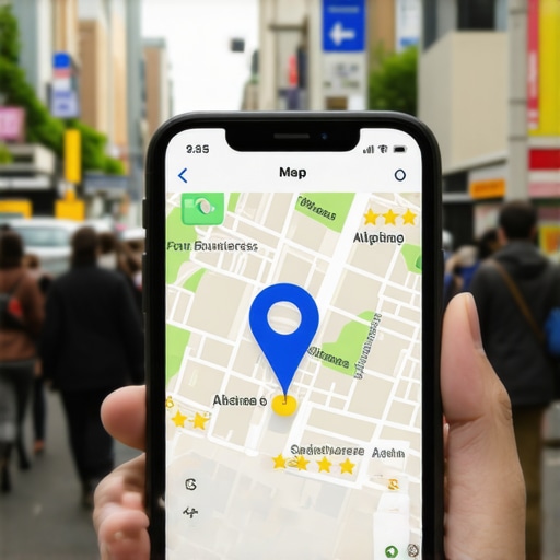 A smartphone showing local business listings and a map pack with high ratings in a city.