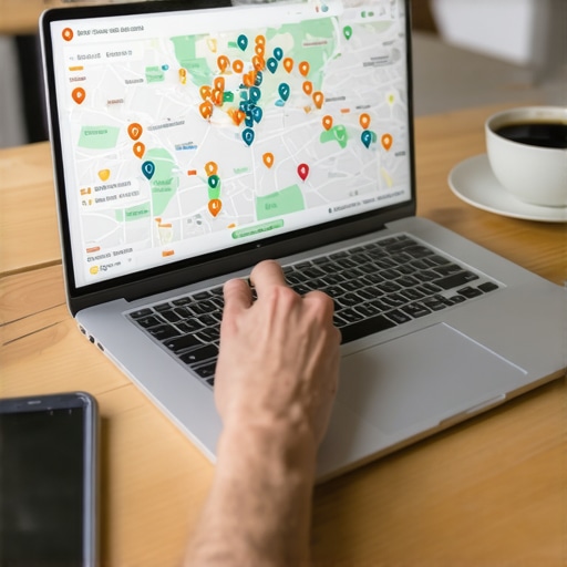 A professional workspace showing a laptop with local SEO grid tracking data to monitor map pack rankings.