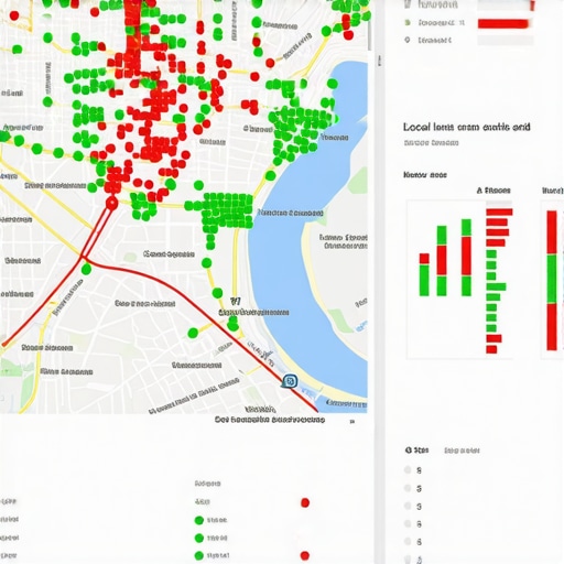 A visual digital dashboard showing localized ranking positions across a geographic map grid for SEO analysis.