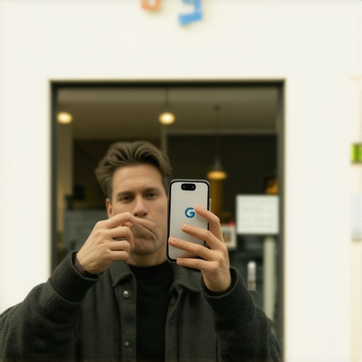 Business owner capturing a seasonal storefront photo for local SEO updates
