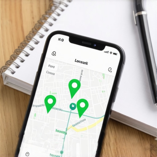 A smartphone showing local search geo-grid map tracking next to a notebook.