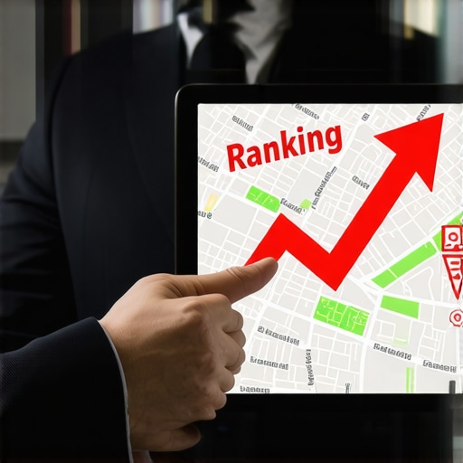 A businessman analyzing a local SEO ranking drop on a digital map