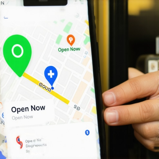 Smartphone showing an open business listing on Google Maps