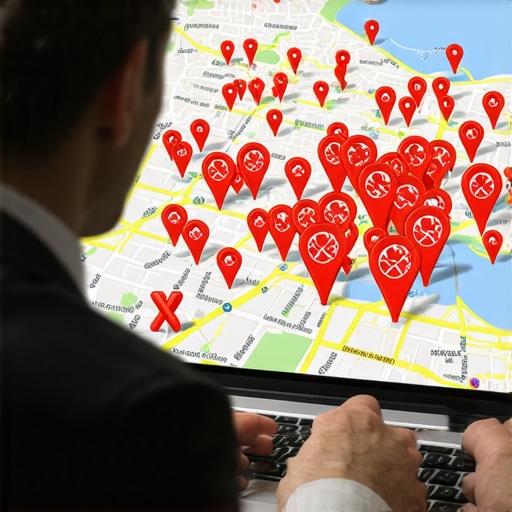 A frustrated real estate agent examining a cluttered map with poor search rankings.