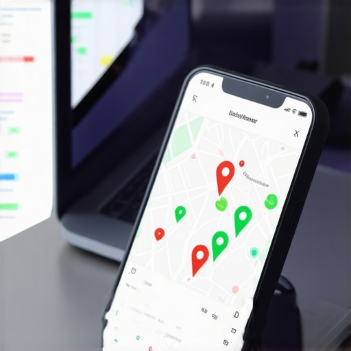 Smartphone displaying local map ranking grid on an office desk