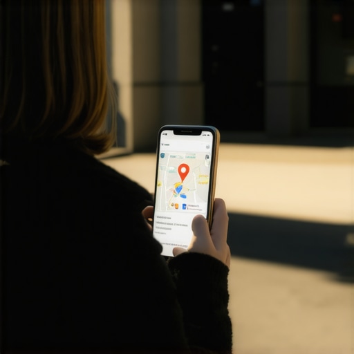 A smartphone showing a local business pin on a map with the physical storefront visible in the background for proximity verification.