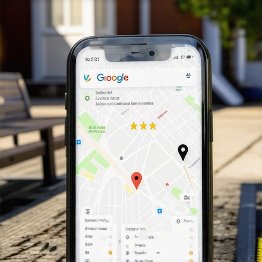 Smartphone showing a high-ranking local business profile in a neighborhood setting.