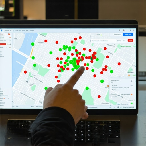 A digital heat map showing local business ranking positions across different geographic locations on a laptop screen.
