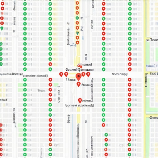 A map grid showing local search ranking positions for a business across different geographic points.