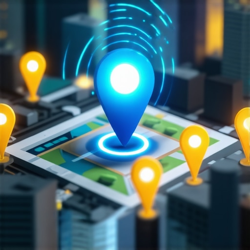 A digital map showing a glowing central pin representing a law firm dominating a local neighborhood search area.